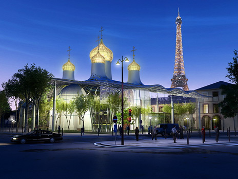 Весь участок русского культурного центра будет «накрыт» стеклянным навесом, символизирующим покров Богородицы. В него будут интегрированы стеклянные купола пятиглавого храма. Фото: arx-group.ru